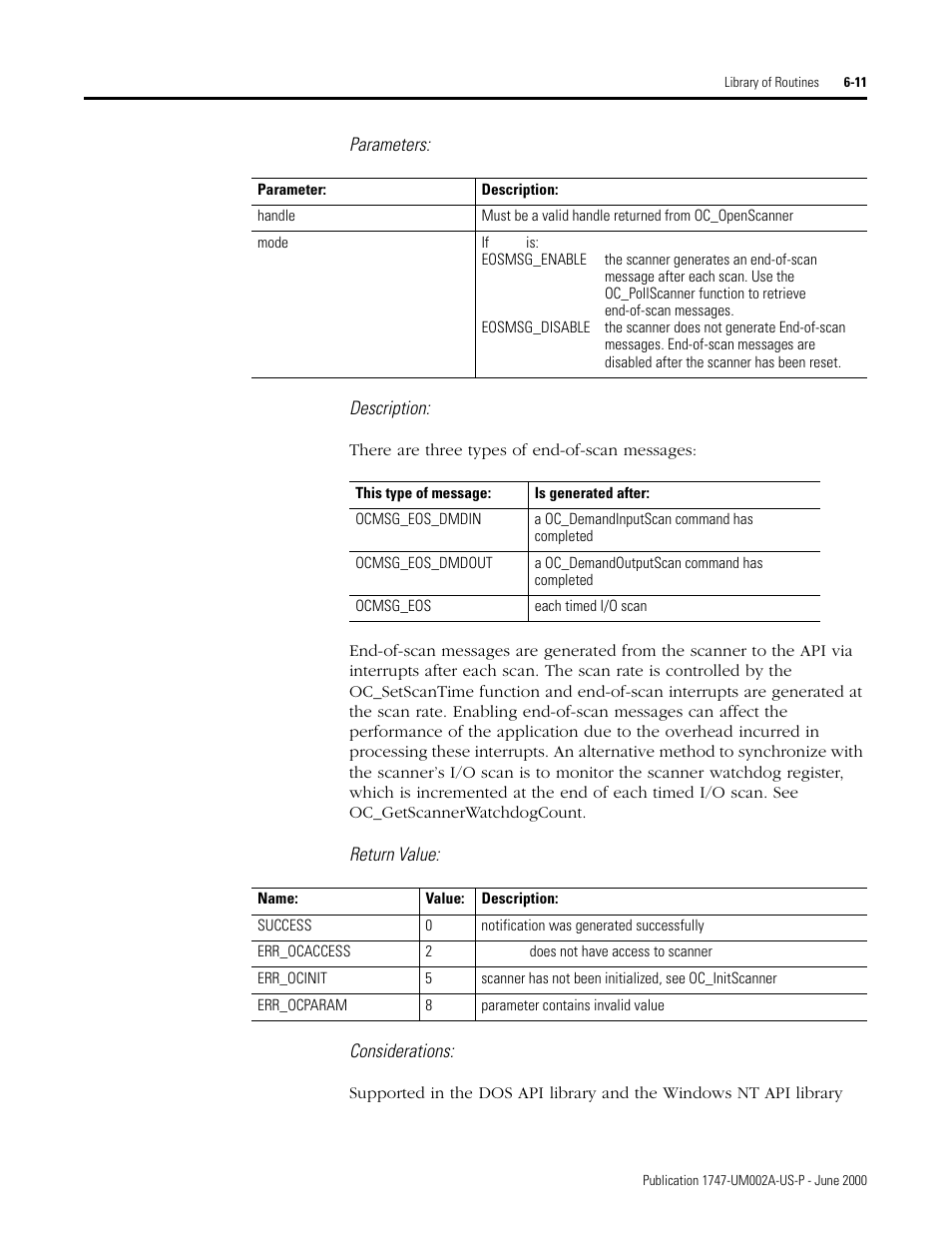 Parameters: description, Return value: considerations | Rockwell Automation 1747-PCIS API Software -  Open Controller User Manual | Page 71 / 174