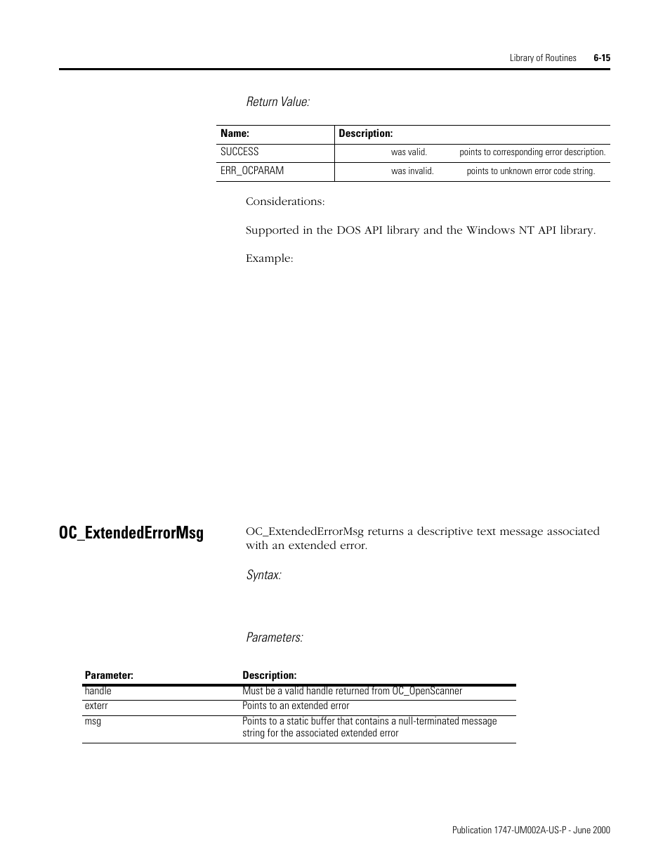 Oc_extendederrormsg, Oc_extendederrormsg -15, Return value | Syntax, Parameters | Rockwell Automation 1747-PCIS API Software -  Open Controller User Manual | Page 75 / 174