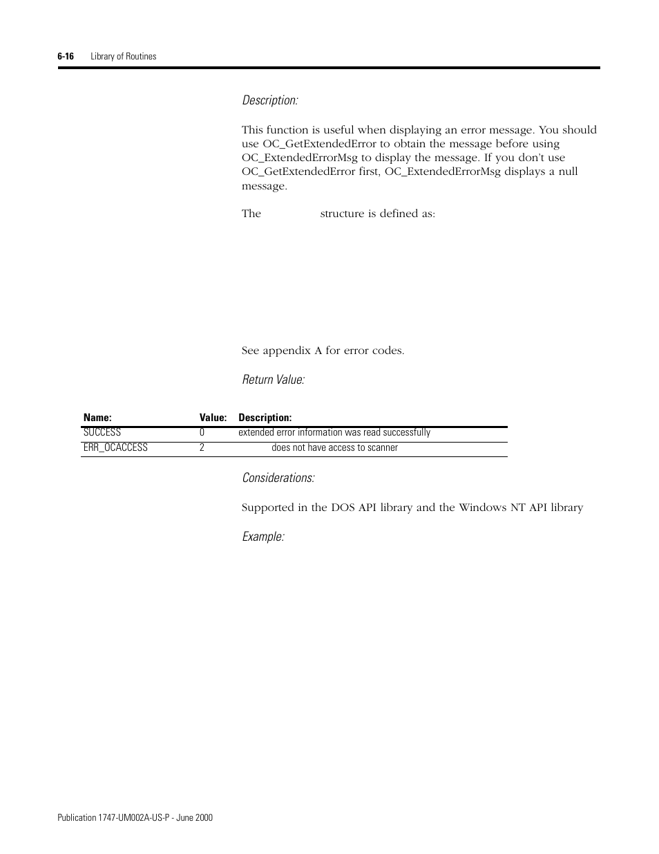 Description, Return value: considerations, Example | Rockwell Automation 1747-PCIS API Software -  Open Controller User Manual | Page 76 / 174