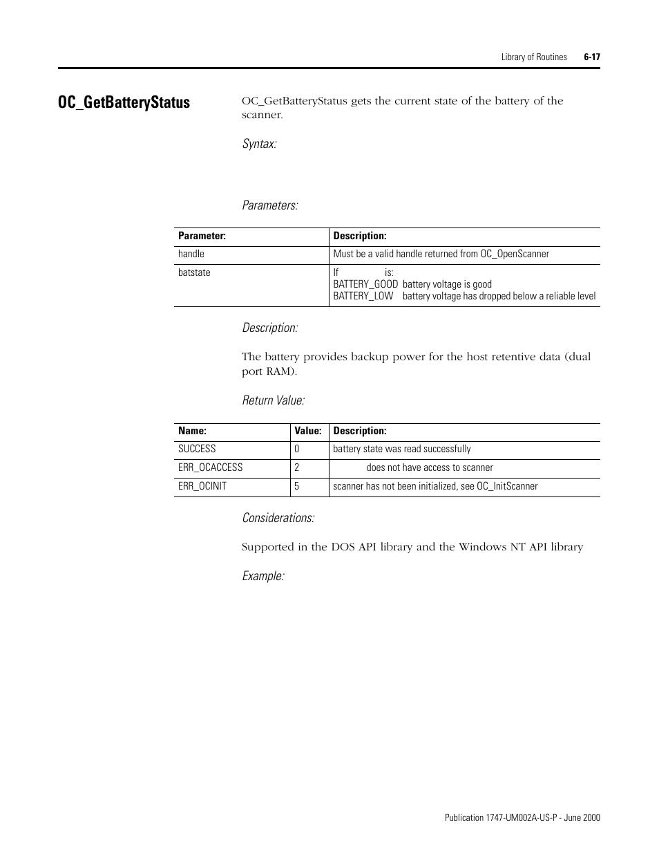 Oc_getbatterystatus, Oc_getbatterystatus -17, Syntax | Parameters: description, Return value: considerations, Example | Rockwell Automation 1747-PCIS API Software -  Open Controller User Manual | Page 77 / 174