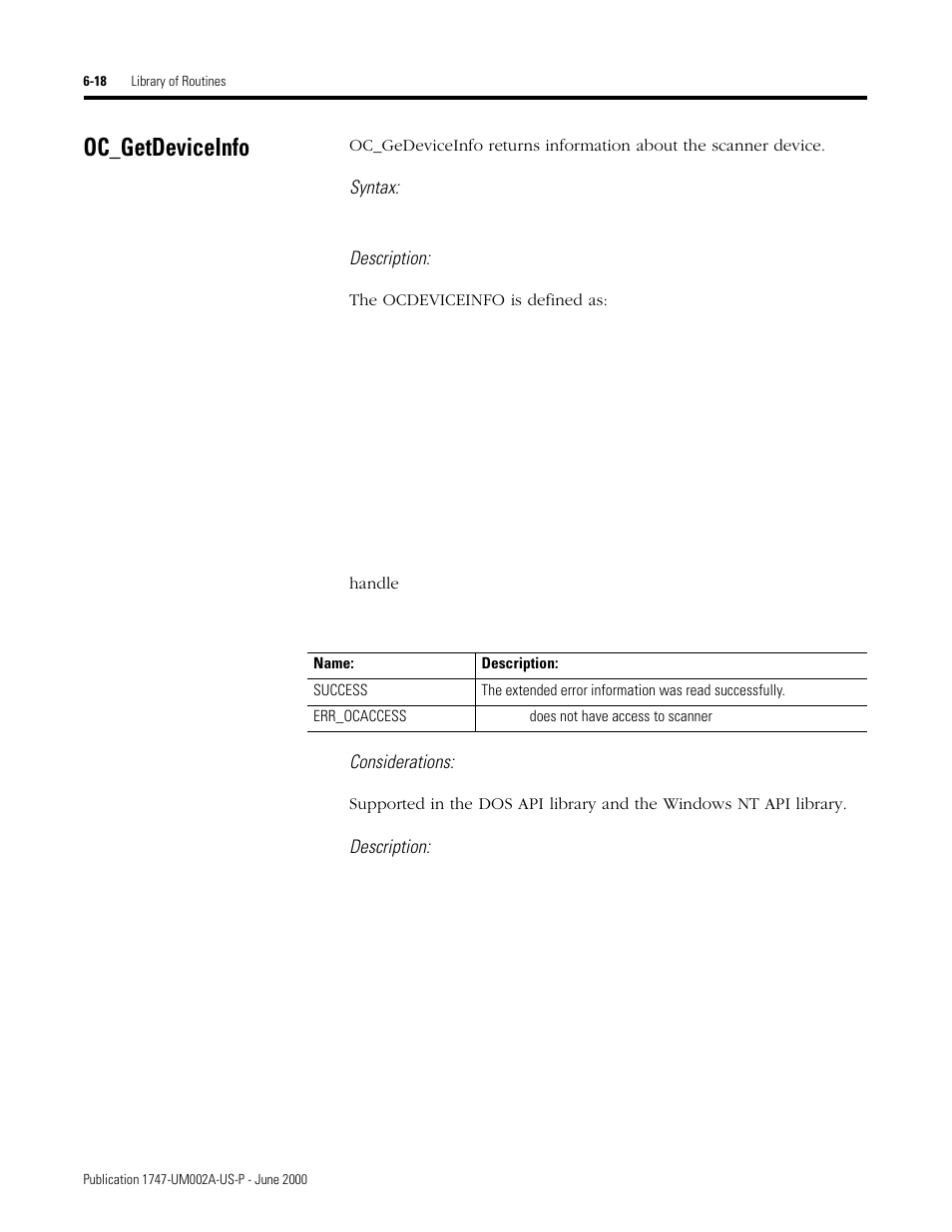 Oc_getdeviceinfo, Oc_getdeviceinfo -18, Syntax | Description, Considerations | Rockwell Automation 1747-PCIS API Software -  Open Controller User Manual | Page 78 / 174