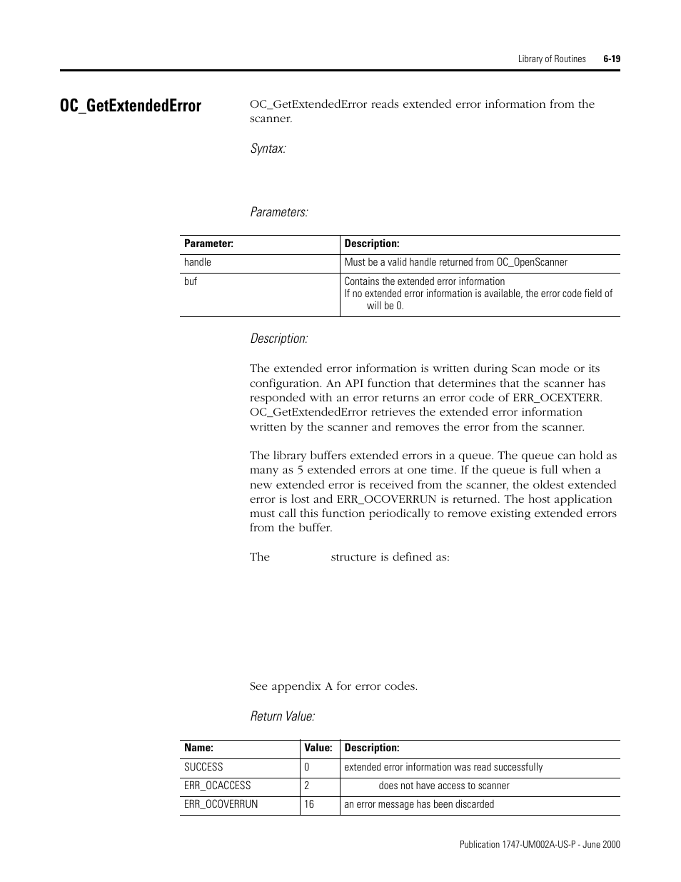 Oc_getextendederror, Oc_getextendederror -19, Syntax | Parameters: description, Return value | Rockwell Automation 1747-PCIS API Software -  Open Controller User Manual | Page 79 / 174