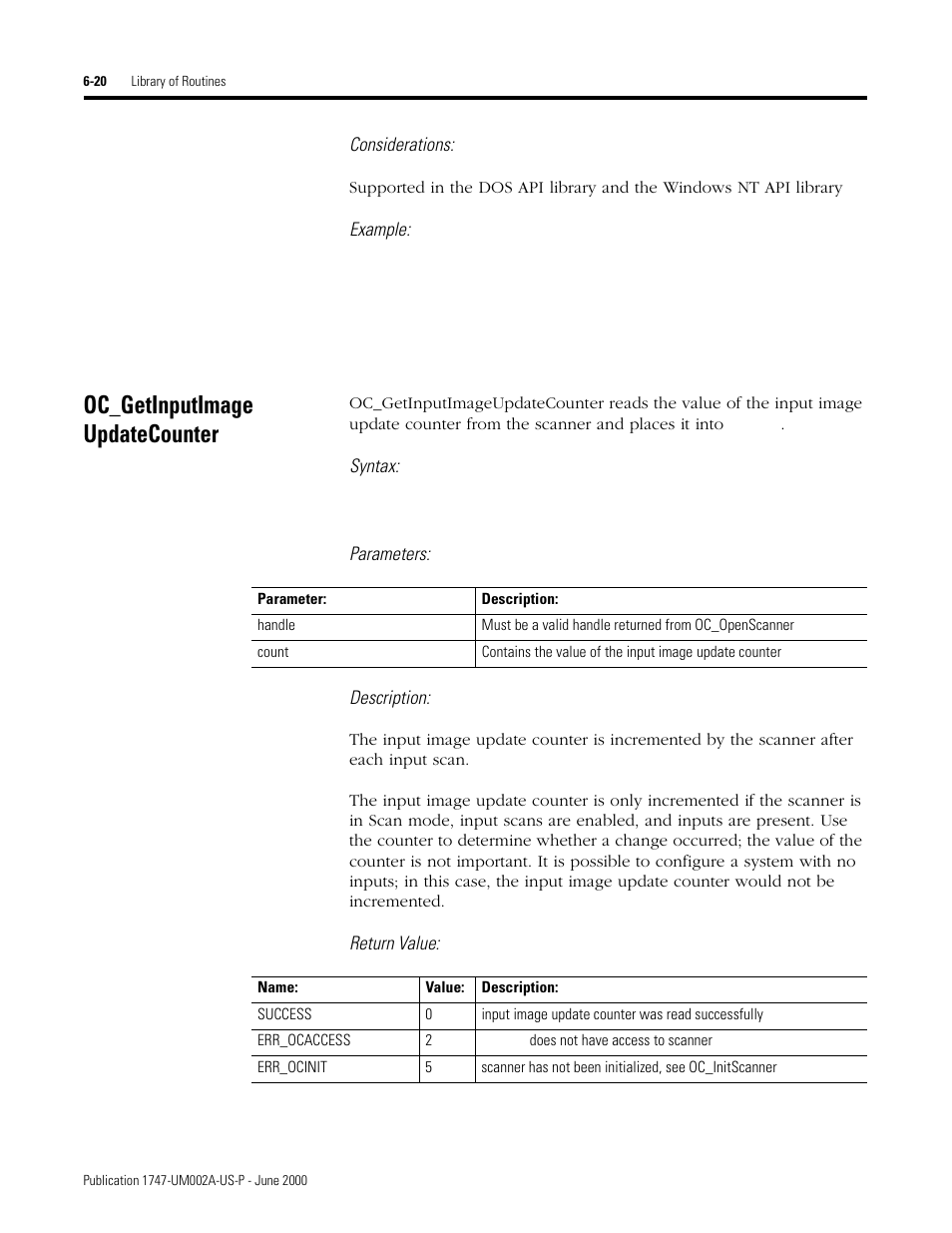 Oc_getinputimage updatecounter, Oc_getinputimageupdatecounter -20 | Rockwell Automation 1747-PCIS API Software -  Open Controller User Manual | Page 80 / 174