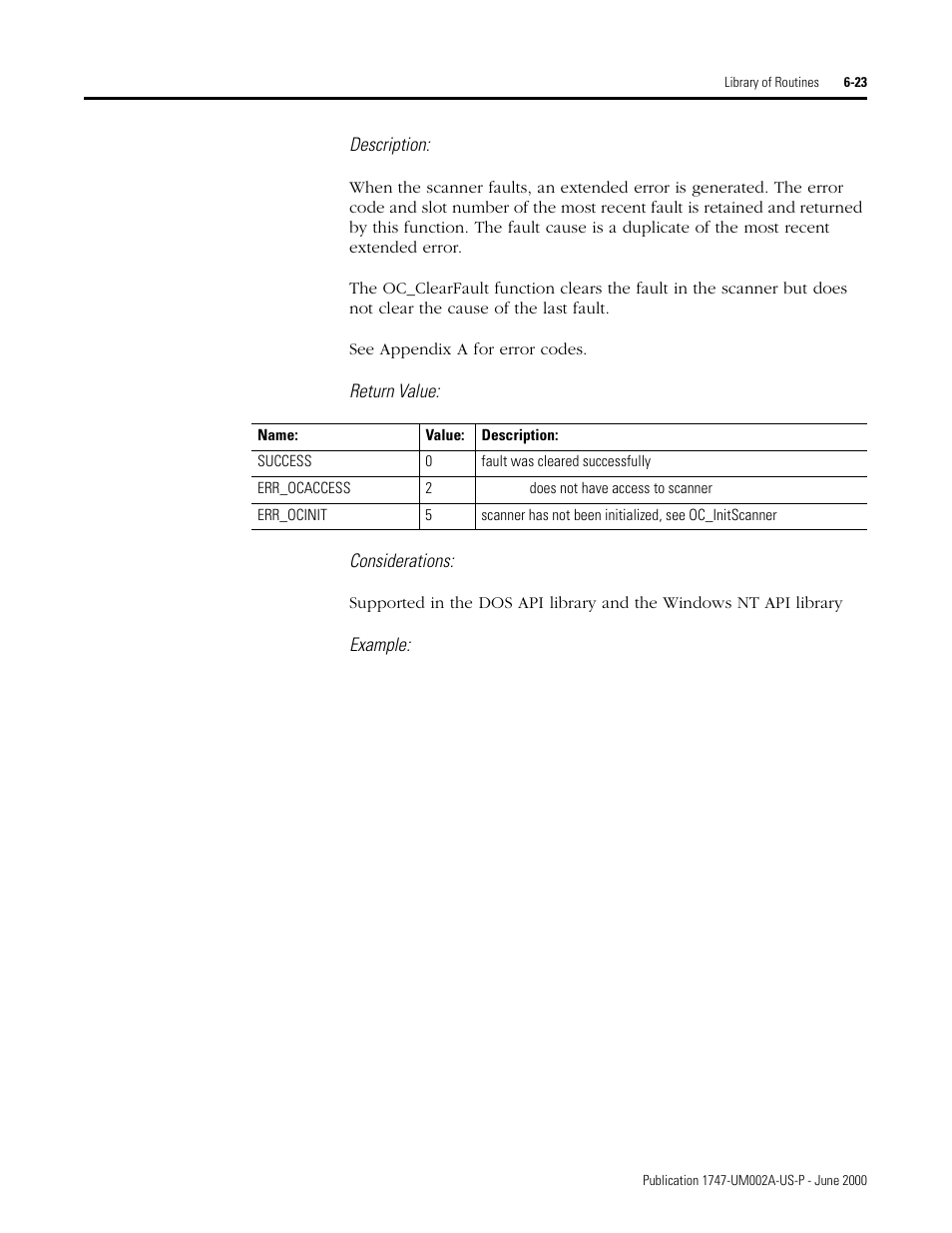 Description, Return value: considerations, Example | Rockwell Automation 1747-PCIS API Software -  Open Controller User Manual | Page 83 / 174