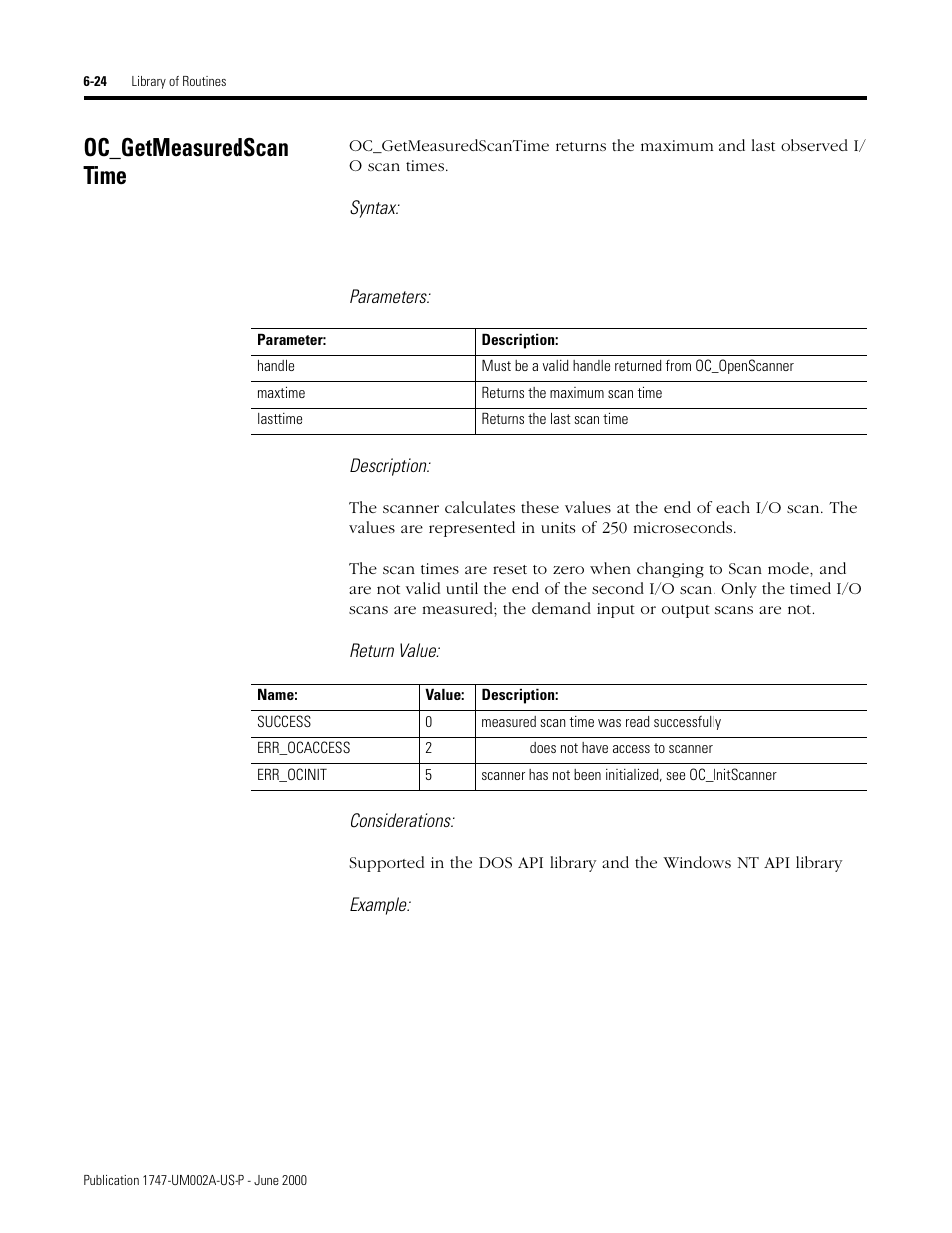 Oc_getmeasuredscan time, Oc_getmeasuredscan time -24 | Rockwell Automation 1747-PCIS API Software -  Open Controller User Manual | Page 84 / 174