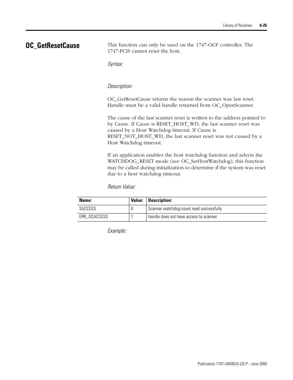 Oc_getresetcause, Oc_getresetcause -25 | Rockwell Automation 1747-PCIS API Software -  Open Controller User Manual | Page 85 / 174