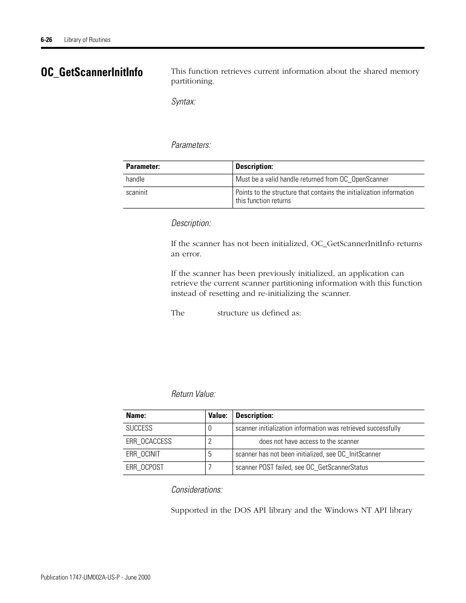 Oc_getscannerinitinfo, Oc_getscannerinitinfo -26, Syntax | Parameters: description, Return value: considerations | Rockwell Automation 1747-PCIS API Software -  Open Controller User Manual | Page 86 / 174