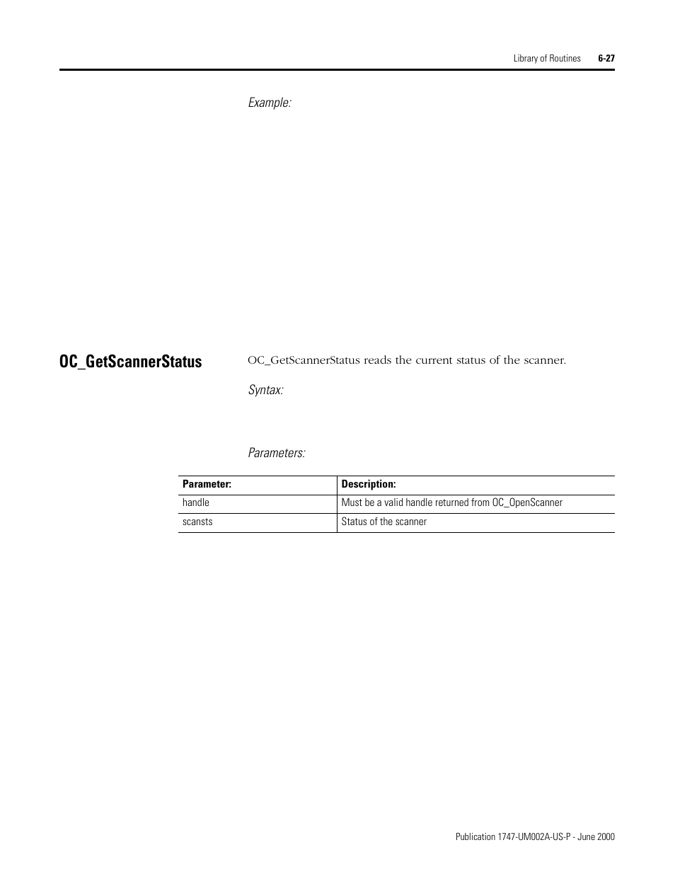 Oc_getscannerstatus, Oc_getscannerstatus -27, Example | Syntax, Parameters | Rockwell Automation 1747-PCIS API Software -  Open Controller User Manual | Page 87 / 174