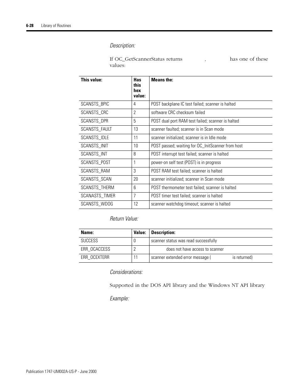 Description, Return value: considerations, Example | Rockwell Automation 1747-PCIS API Software -  Open Controller User Manual | Page 88 / 174