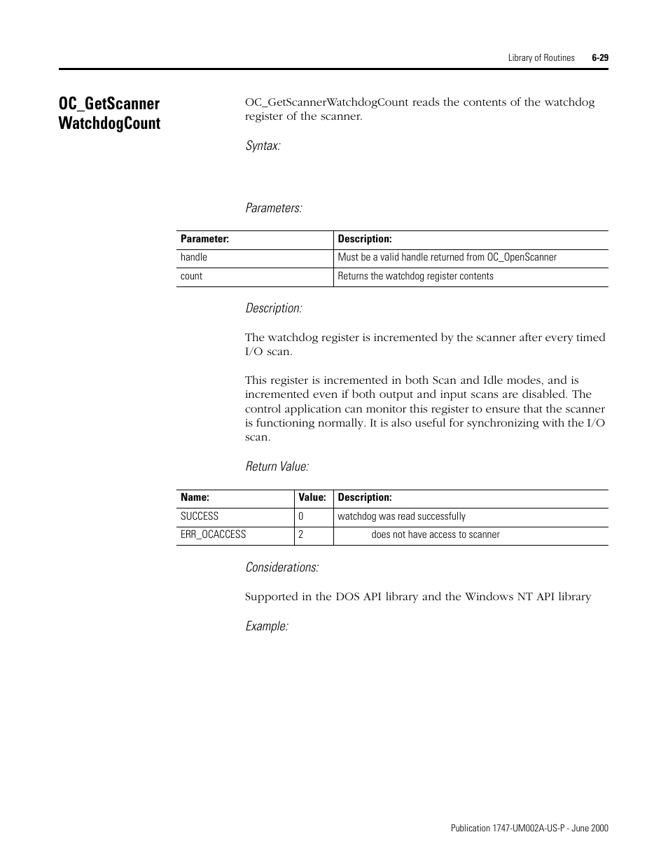 Oc_getscanner watchdogcount, Oc_getscannerwatchdogcount -29 | Rockwell Automation 1747-PCIS API Software -  Open Controller User Manual | Page 89 / 174