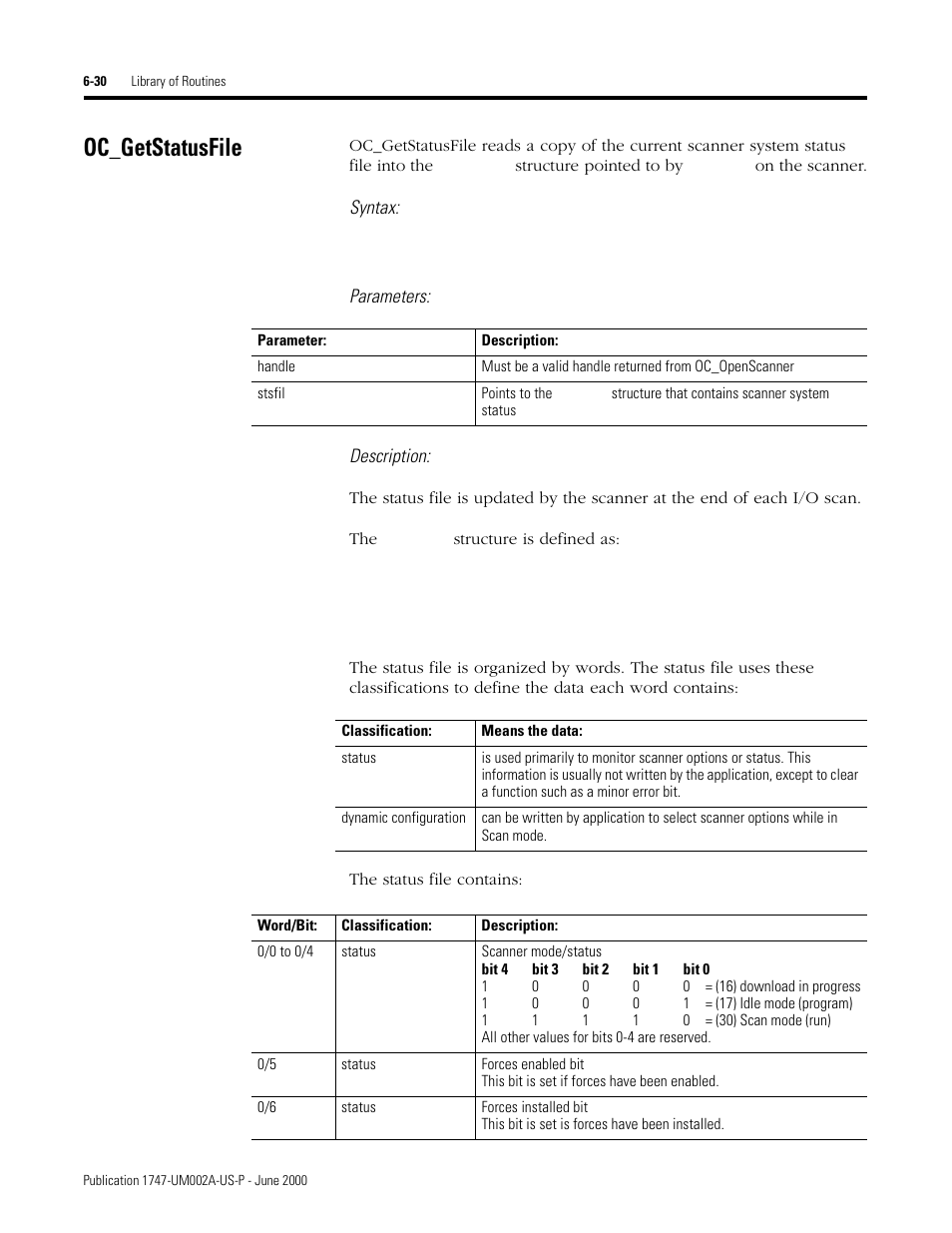 Oc_getstatusfile, Oc_getstatusfile -30, Syntax | Parameters: description | Rockwell Automation 1747-PCIS API Software -  Open Controller User Manual | Page 90 / 174