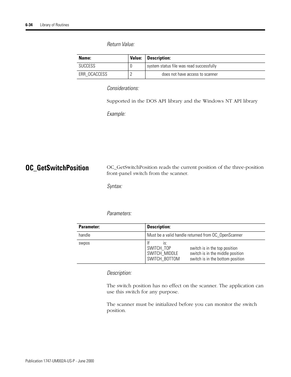 Oc_getswitchposition, Oc_getswitchposition -34, Return value: considerations | Example, Syntax, Parameters: description | Rockwell Automation 1747-PCIS API Software -  Open Controller User Manual | Page 94 / 174