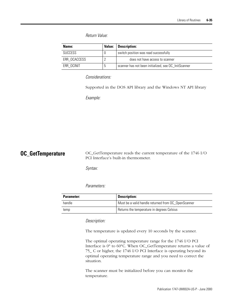Oc_gettemperature, Oc_gettemperature -35 | Rockwell Automation 1747-PCIS API Software -  Open Controller User Manual | Page 95 / 174
