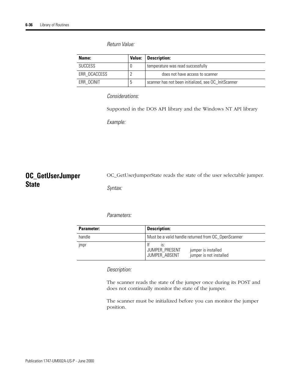 Oc_getuserjumper state, Oc_getuserjumperstate -36, Return value: considerations | Example, Syntax, Parameters: description | Rockwell Automation 1747-PCIS API Software -  Open Controller User Manual | Page 96 / 174