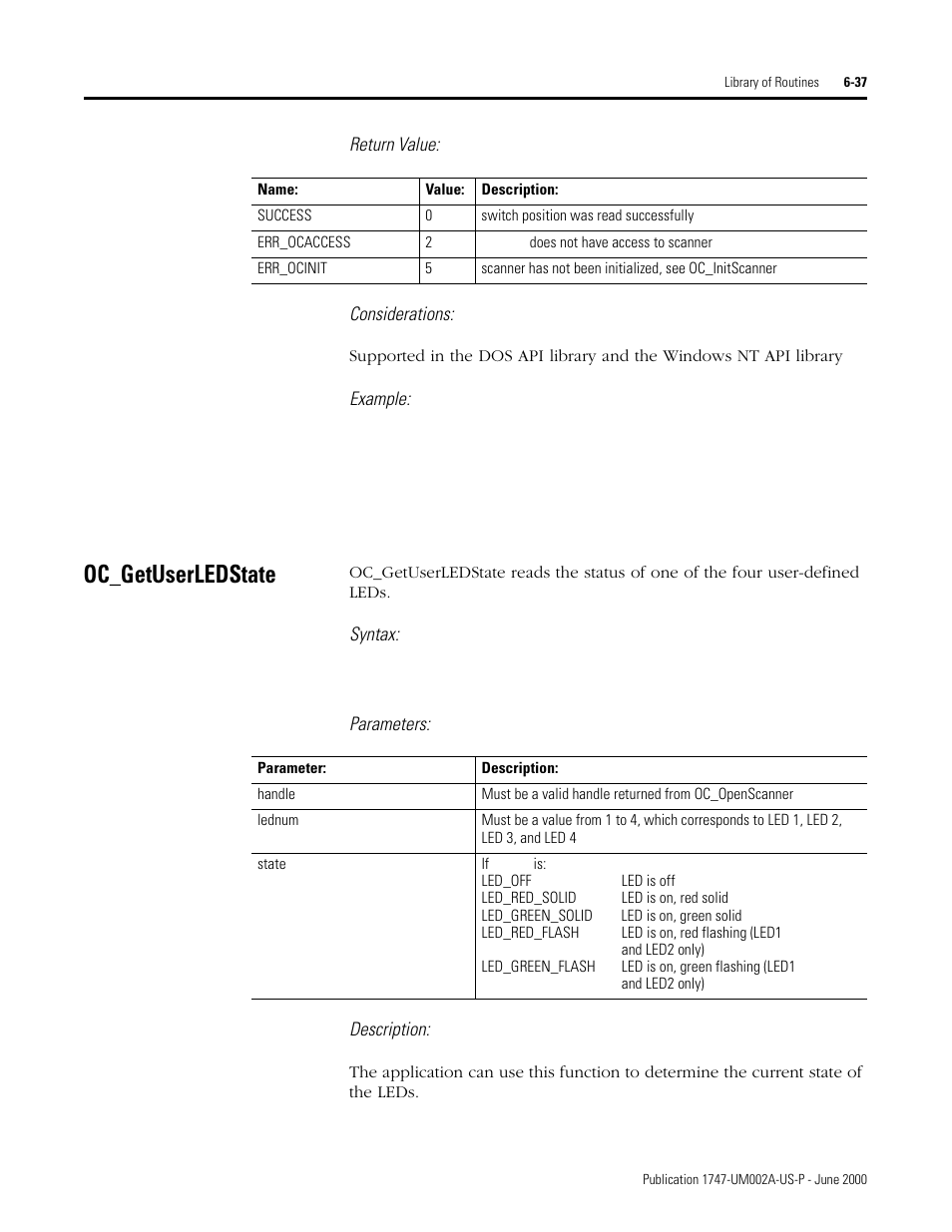 Oc_getuserledstate, Oc_getuserledstate -37, Return value: considerations | Example, Syntax, Parameters: description | Rockwell Automation 1747-PCIS API Software -  Open Controller User Manual | Page 97 / 174