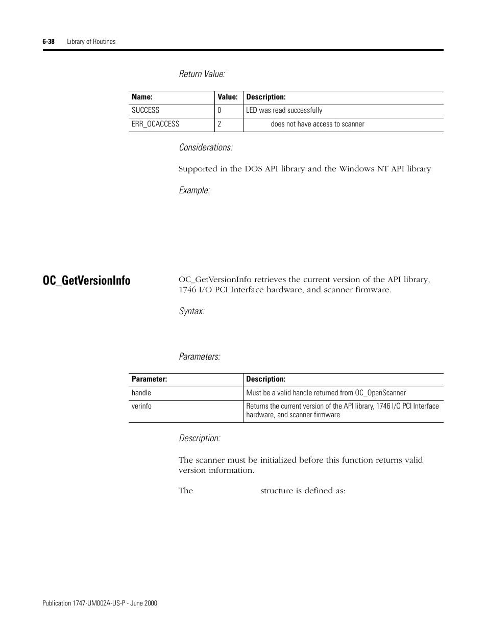 Oc_getversioninfo, Oc_getversioninfo -38, Return value: considerations | Example, Syntax, Parameters: description | Rockwell Automation 1747-PCIS API Software -  Open Controller User Manual | Page 98 / 174