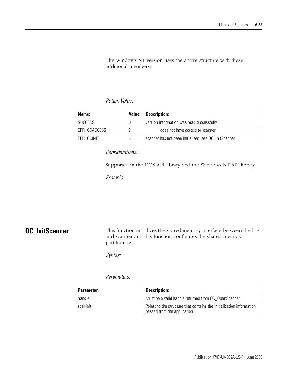 Oc_initscanner, Return value: considerations, Example | Syntax, Parameters | Rockwell Automation 1747-PCIS API Software -  Open Controller User Manual | Page 99 / 174