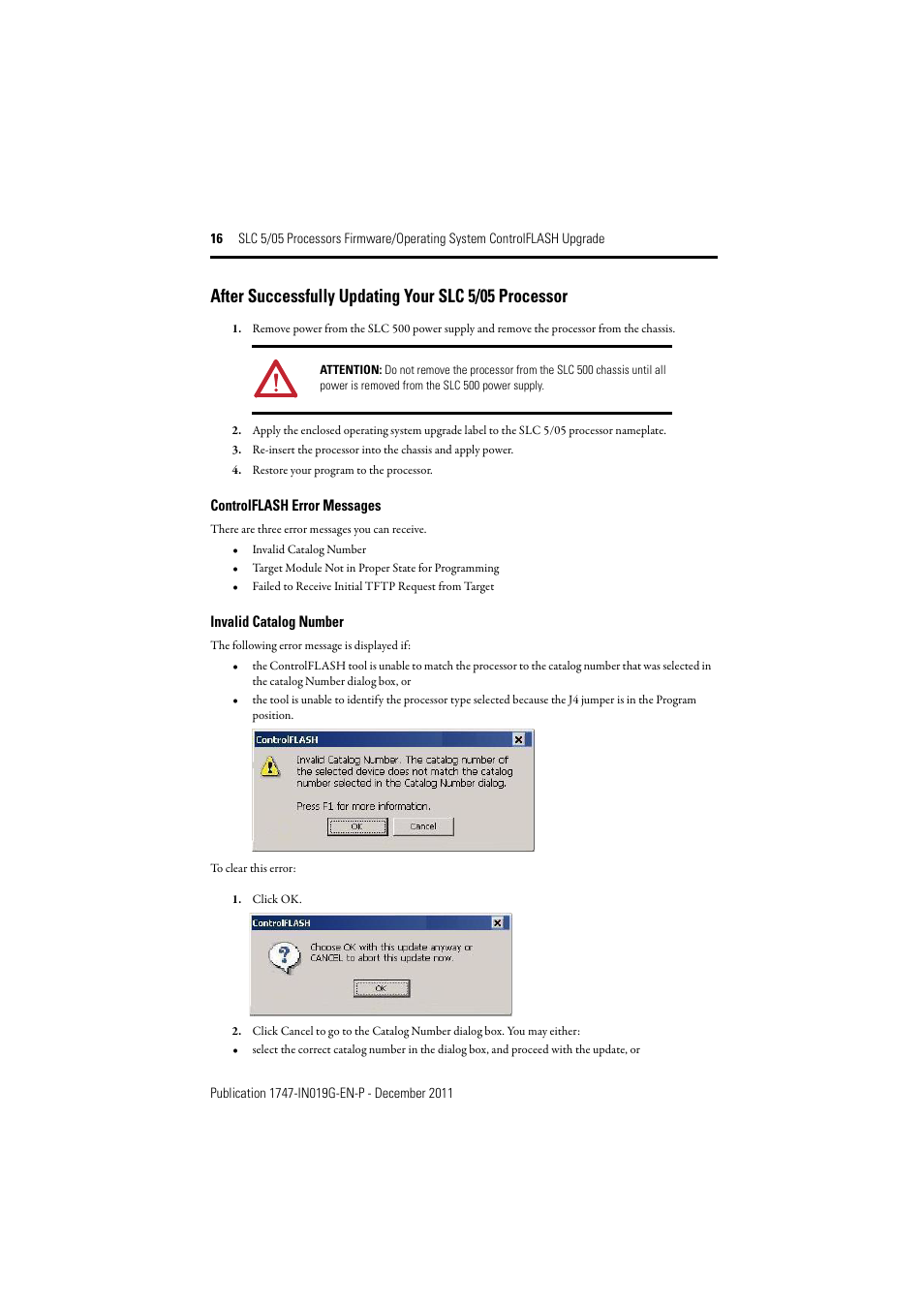 Controlflash error messages, Invalid catalog number | Rockwell Automation 1747-DU501 SLC 5/05 Processors Firmware/Operating System ControlFLASH Upgrade Installation User Manual | Page 16 / 20