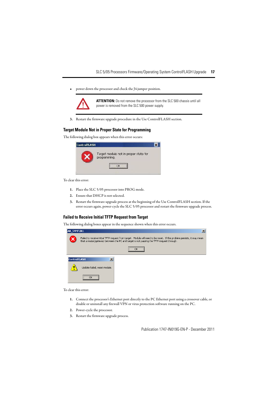 Target module not in proper state for programming, Failed to receive initial tftp request from target | Rockwell Automation 1747-DU501 SLC 5/05 Processors Firmware/Operating System ControlFLASH Upgrade Installation User Manual | Page 17 / 20