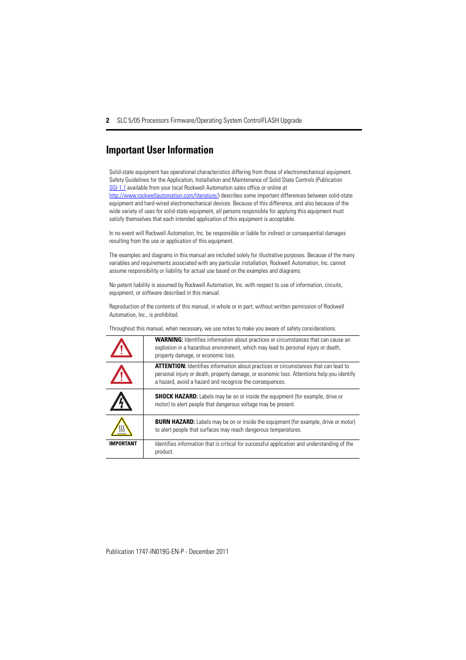 Important user information | Rockwell Automation 1747-DU501 SLC 5/05 Processors Firmware/Operating System ControlFLASH Upgrade Installation User Manual | Page 2 / 20