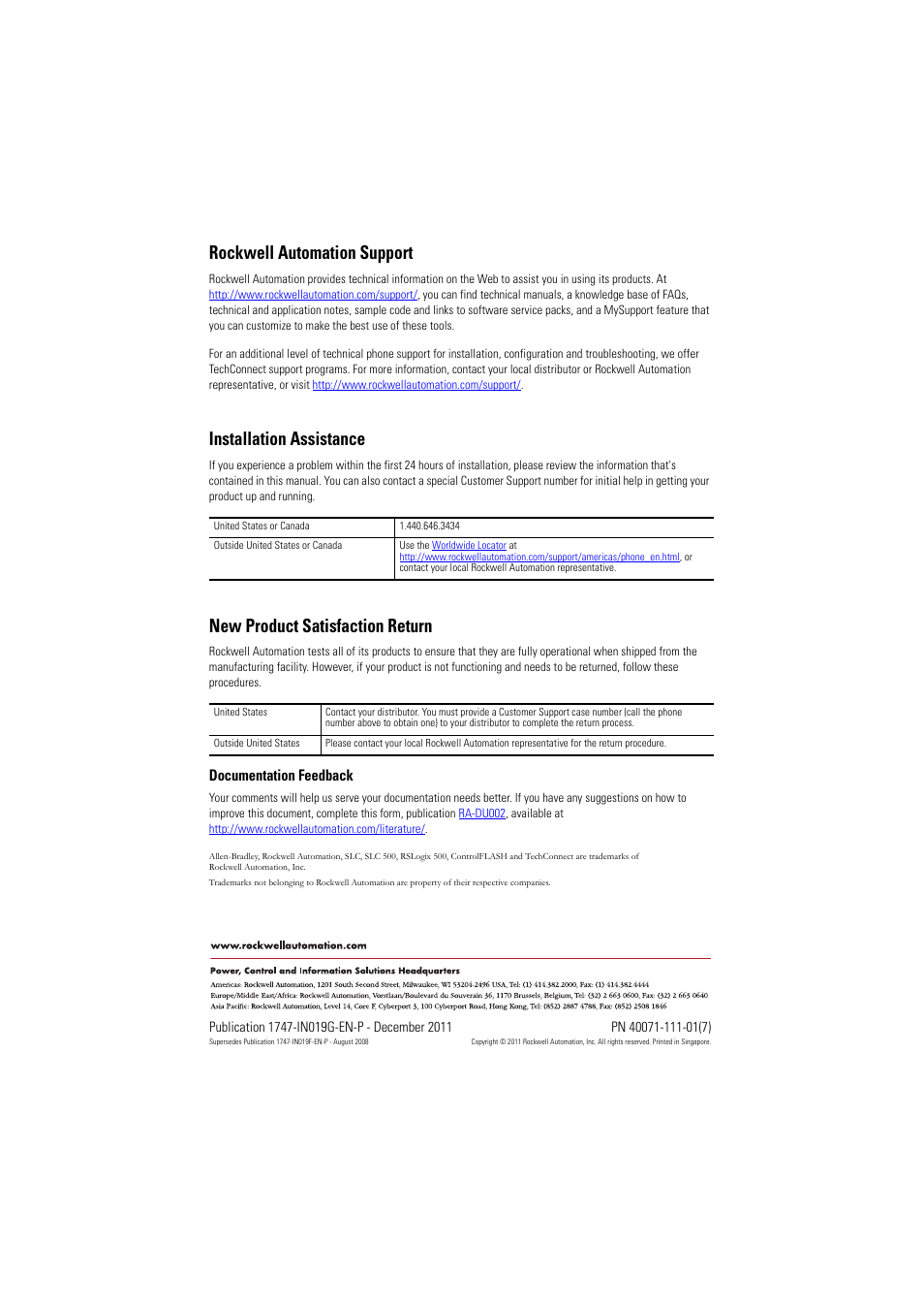 Back cover, Rockwell automation support, Installation assistance | New product satisfaction return | Rockwell Automation 1747-DU501 SLC 5/05 Processors Firmware/Operating System ControlFLASH Upgrade Installation User Manual | Page 20 / 20