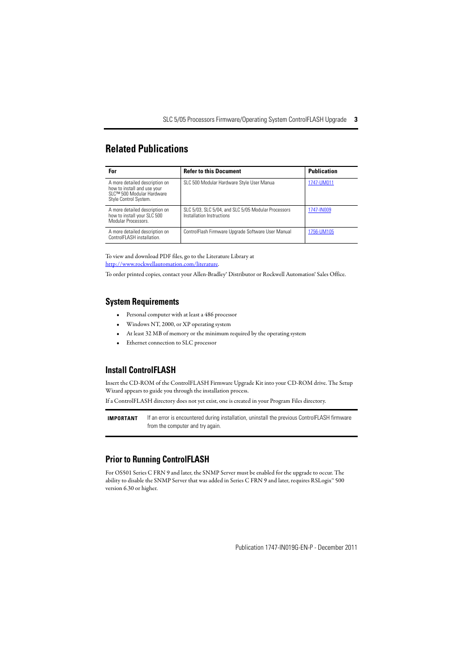 System requirements, Install controlflash, Prior to running controlflash | Related publications | Rockwell Automation 1747-DU501 SLC 5/05 Processors Firmware/Operating System ControlFLASH Upgrade Installation User Manual | Page 3 / 20