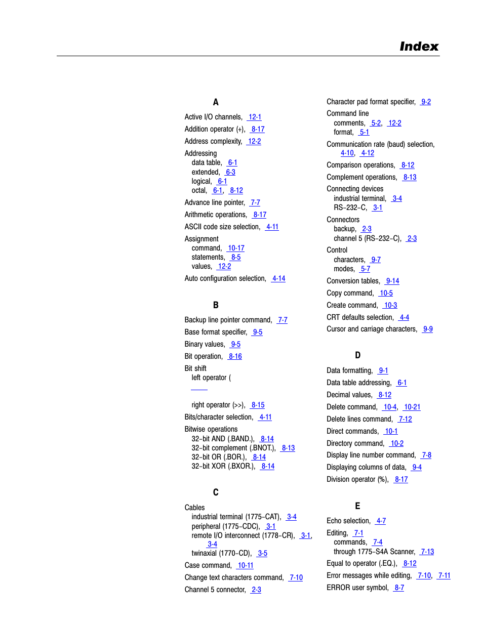 Index | Rockwell Automation 1775-S4B,D17756.5.3 User Manual SCANNER/MSG HND User Manual | Page 164 / 167