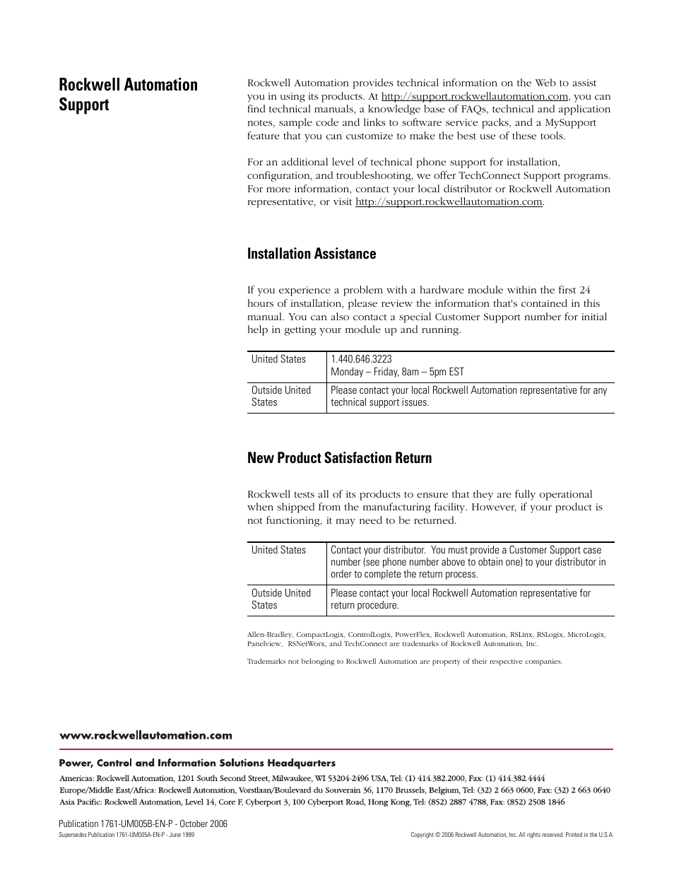 Back cover, Rockwell automation support, Installation assistance | New product satisfaction return | Rockwell Automation 1761-NET-DNI DeviceNet Interface (DNI) User Manual | Page 100 / 100
