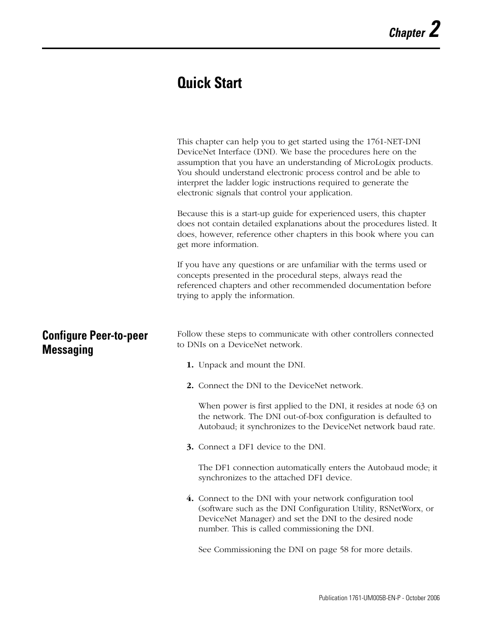 Quick start, Configure peer-to-peer messaging, Chapter 2 | Chapter | Rockwell Automation 1761-NET-DNI DeviceNet Interface (DNI) User Manual | Page 11 / 100