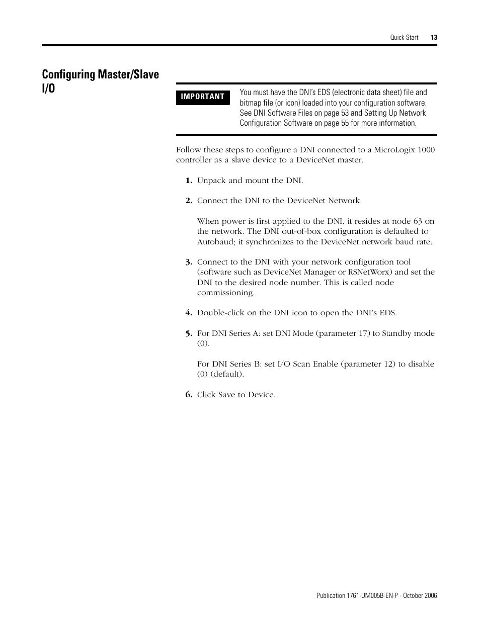 Configuring master/slave i/o | Rockwell Automation 1761-NET-DNI DeviceNet Interface (DNI) User Manual | Page 13 / 100