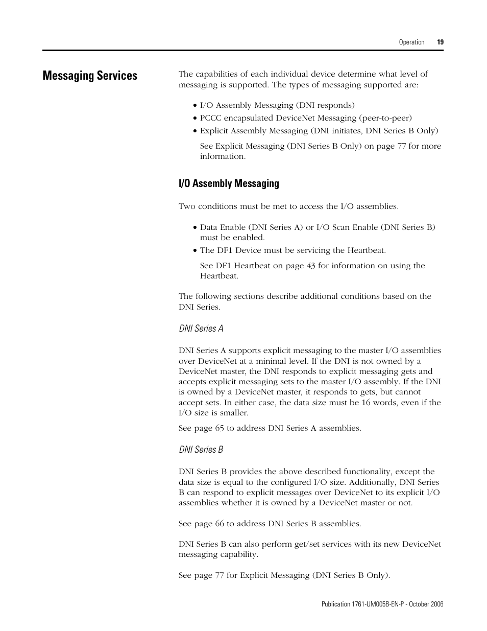 Messaging services, I/o assembly messaging | Rockwell Automation 1761-NET-DNI DeviceNet Interface (DNI) User Manual | Page 19 / 100