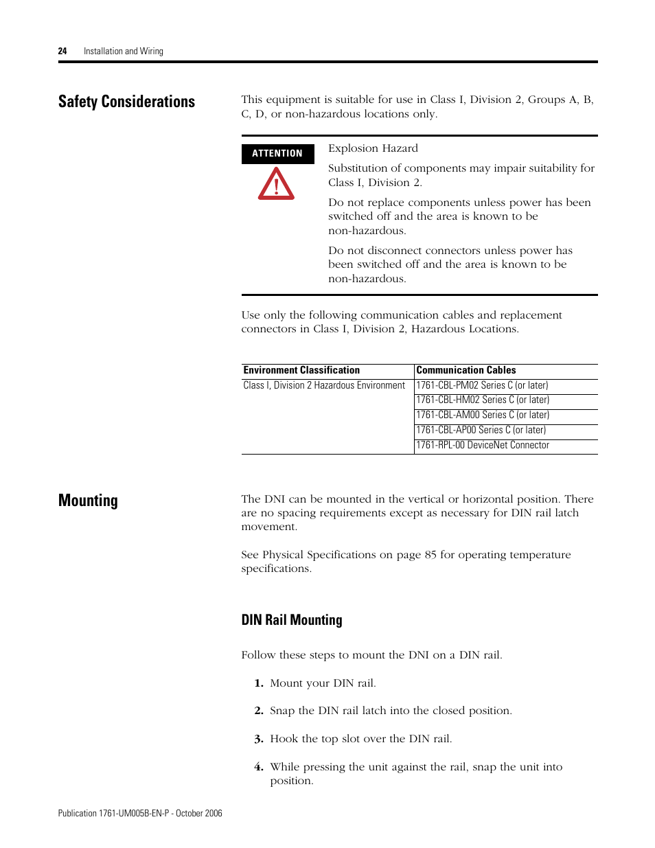 Safety considerations, Mounting, Din rail mounting | Safety considerations mounting | Rockwell Automation 1761-NET-DNI DeviceNet Interface (DNI) User Manual | Page 24 / 100