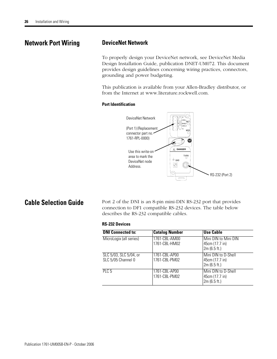 Network port wiring, Devicenet network, Cable selection guide | Network port wiring cable selection guide | Rockwell Automation 1761-NET-DNI DeviceNet Interface (DNI) User Manual | Page 26 / 100