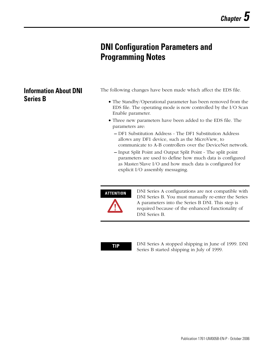 Chapter 5, Dni configuration parameters and programming notes, Information about dni series b | Chapter | Rockwell Automation 1761-NET-DNI DeviceNet Interface (DNI) User Manual | Page 27 / 100