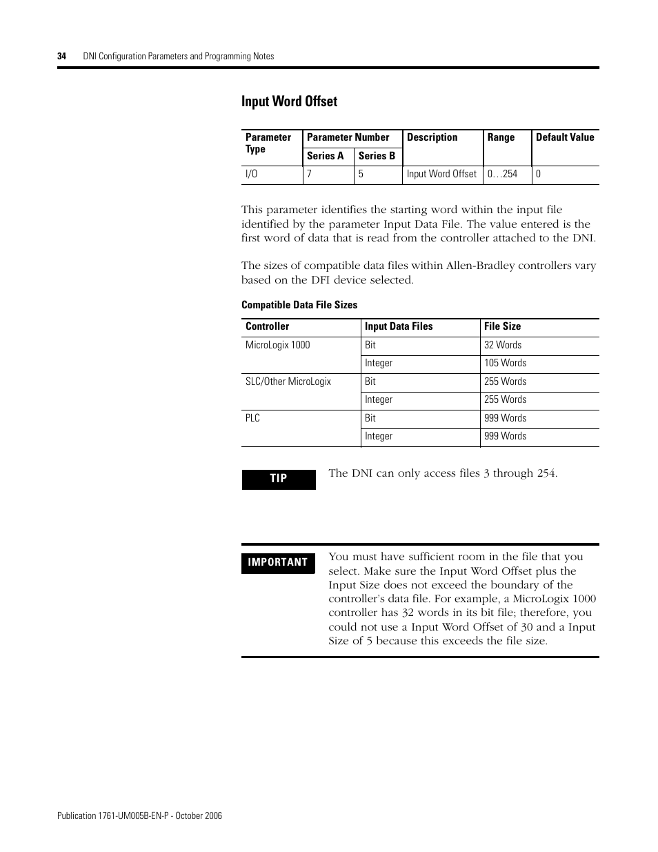 Input word offset | Rockwell Automation 1761-NET-DNI DeviceNet Interface (DNI) User Manual | Page 34 / 100