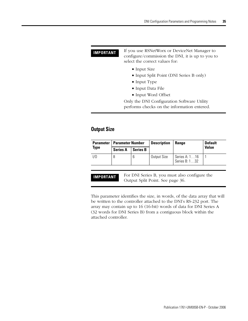 Output size | Rockwell Automation 1761-NET-DNI DeviceNet Interface (DNI) User Manual | Page 35 / 100