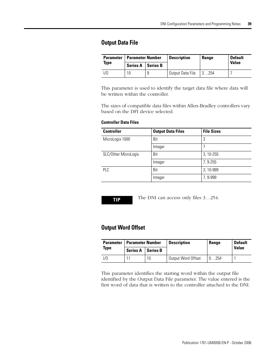 Output data file, Output word offset | Rockwell Automation 1761-NET-DNI DeviceNet Interface (DNI) User Manual | Page 39 / 100