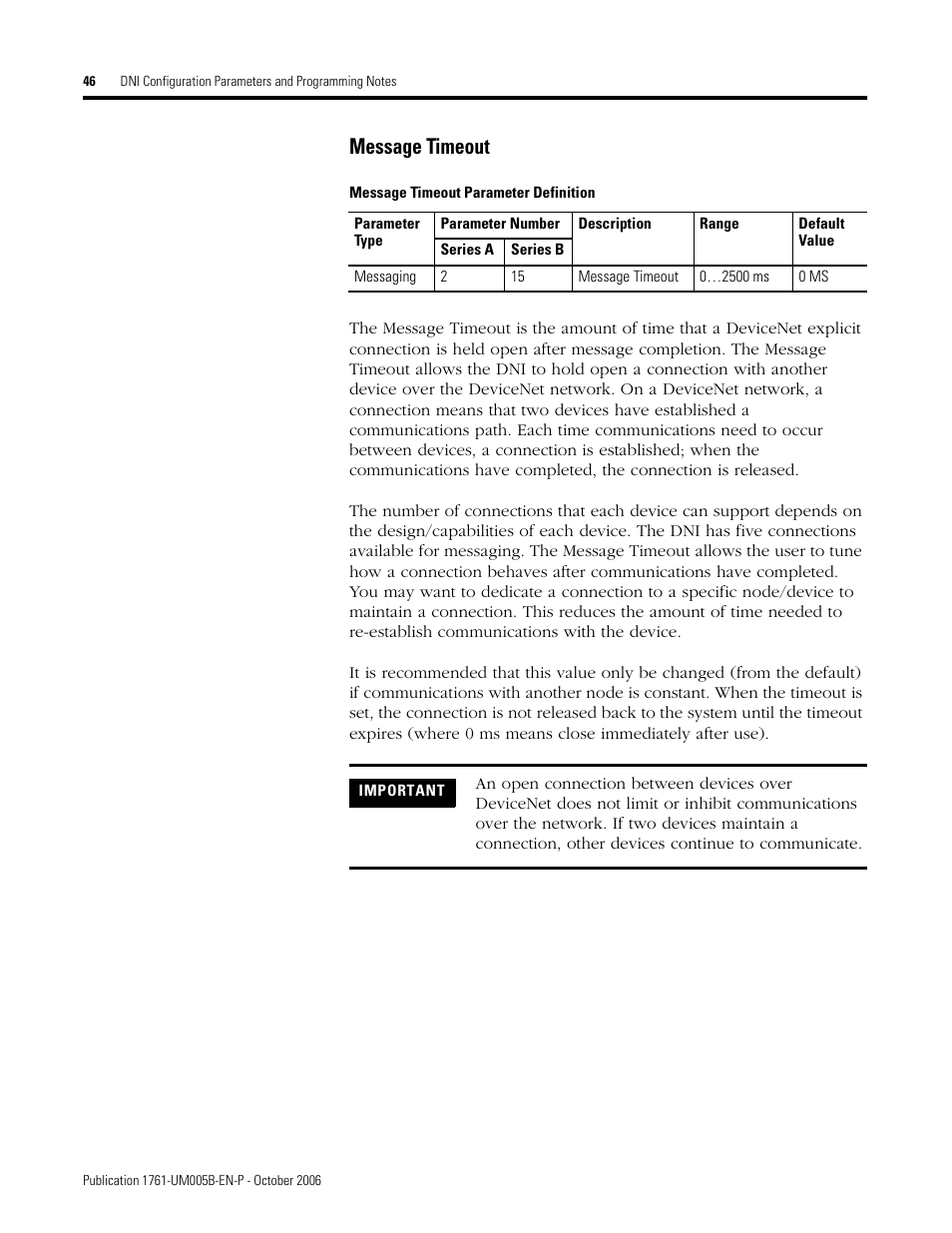 Message timeout | Rockwell Automation 1761-NET-DNI DeviceNet Interface (DNI) User Manual | Page 46 / 100