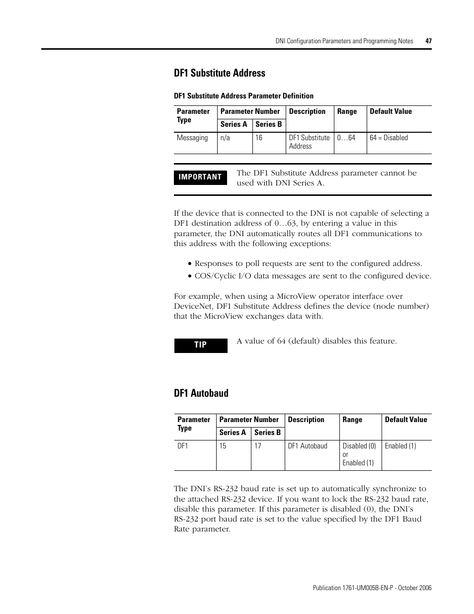 Df1 substitute address, Df1 autobaud | Rockwell Automation 1761-NET-DNI DeviceNet Interface (DNI) User Manual | Page 47 / 100