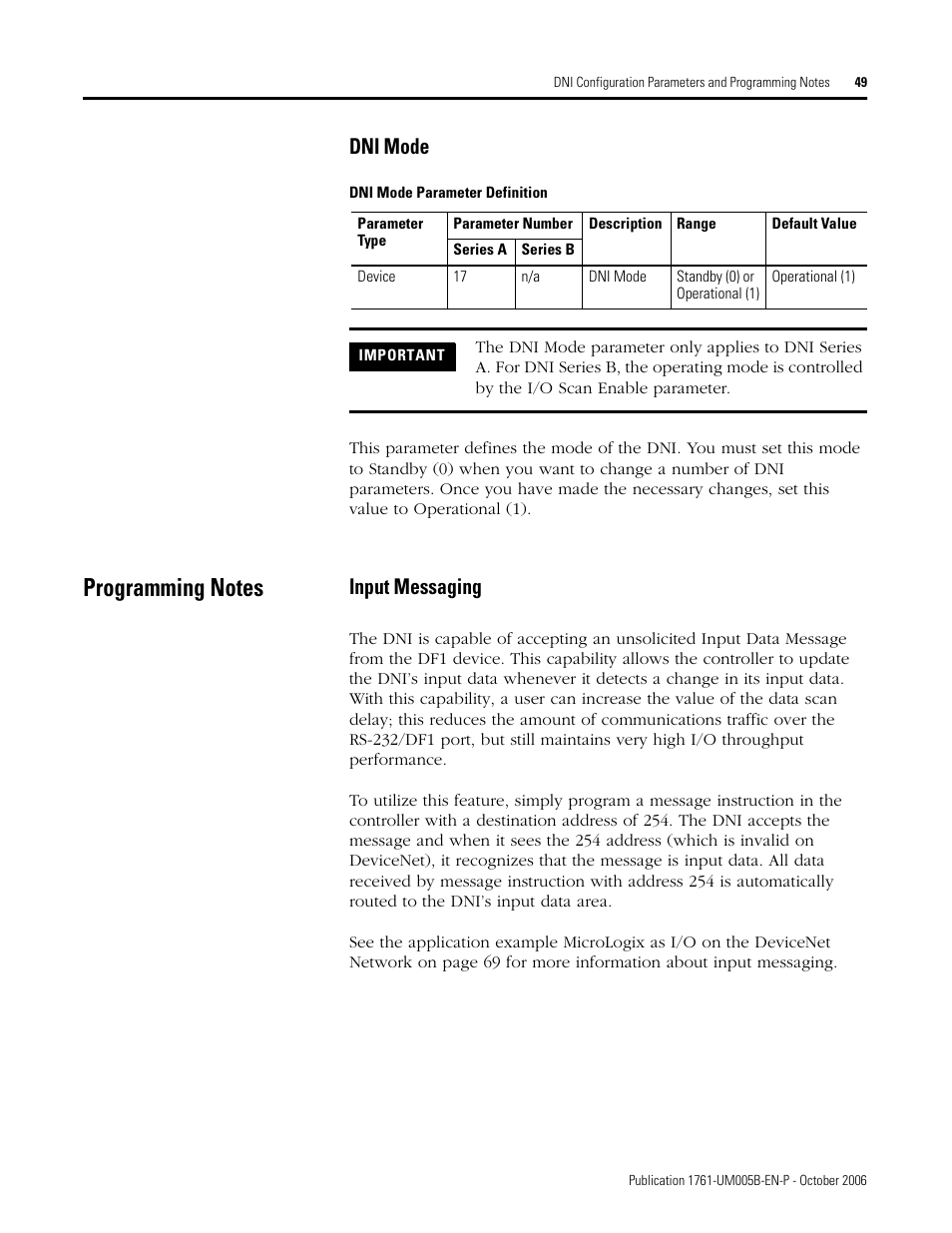Dni mode, Programming notes, Input messaging | Rockwell Automation 1761-NET-DNI DeviceNet Interface (DNI) User Manual | Page 49 / 100