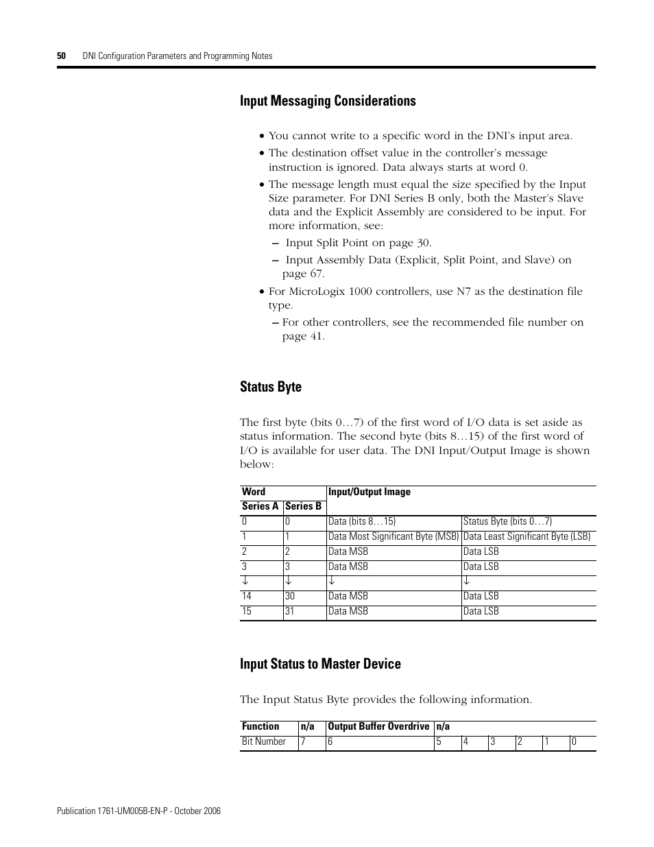 Input messaging considerations, Status byte, Input status to master device | Rockwell Automation 1761-NET-DNI DeviceNet Interface (DNI) User Manual | Page 50 / 100