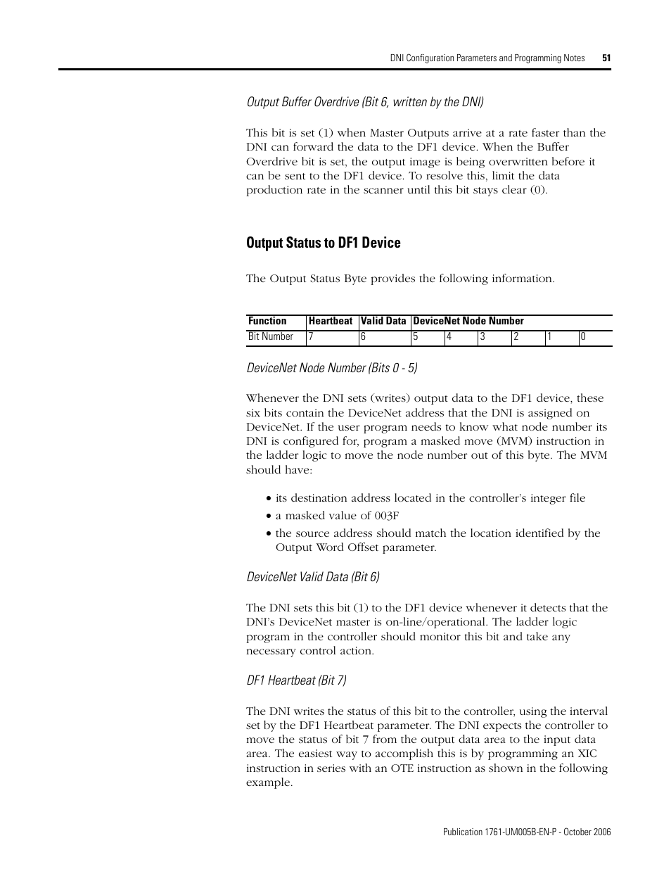 Output status to df1 device | Rockwell Automation 1761-NET-DNI DeviceNet Interface (DNI) User Manual | Page 51 / 100