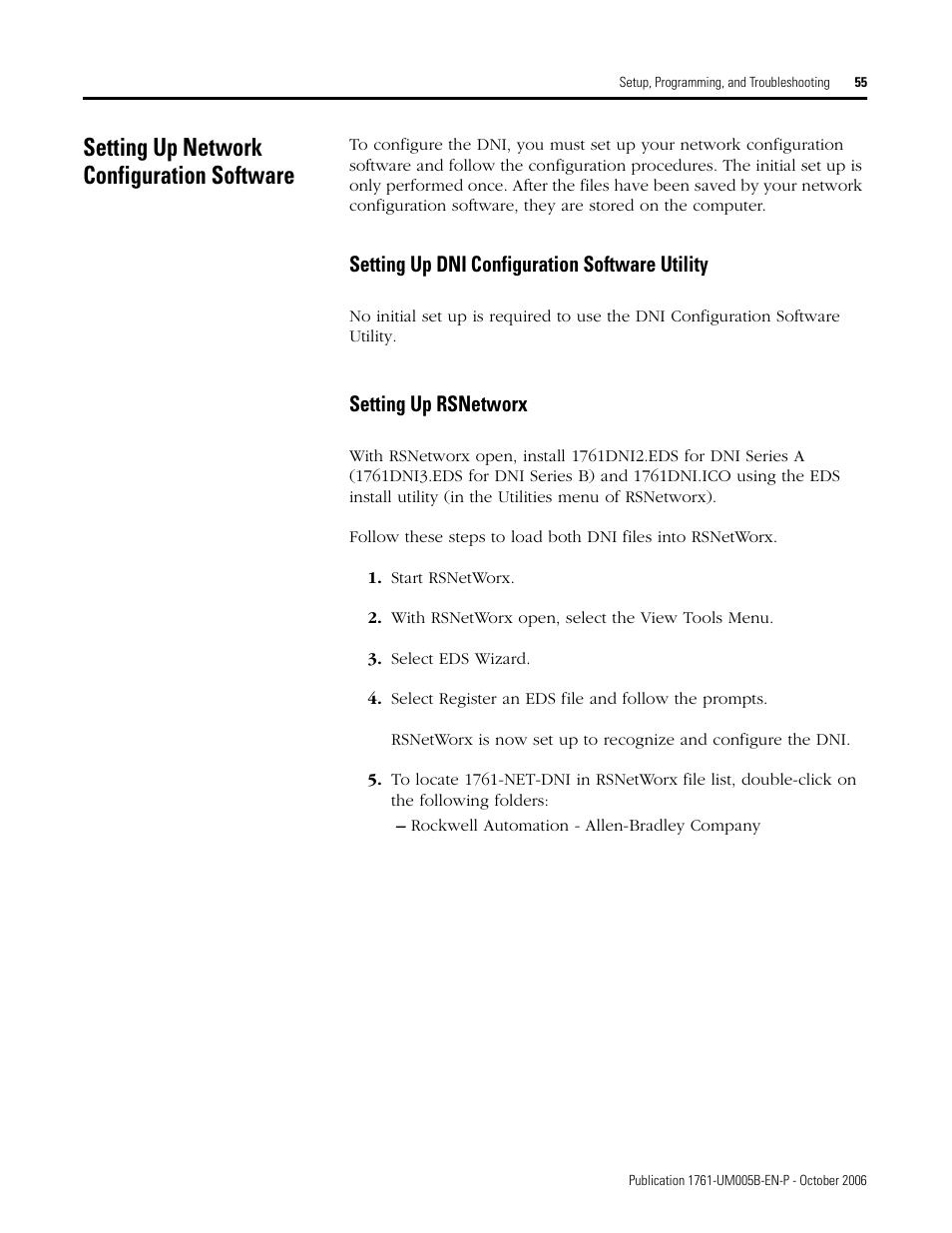 Setting up network configuration software, Setting up dni configuration software utility, Setting up rsnetworx | Rockwell Automation 1761-NET-DNI DeviceNet Interface (DNI) User Manual | Page 55 / 100