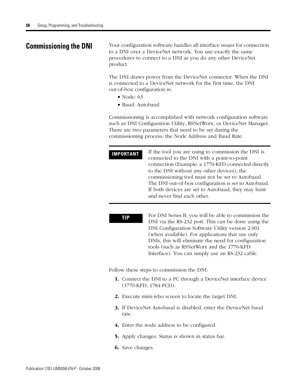 Commissioning the dni | Rockwell Automation 1761-NET-DNI DeviceNet Interface (DNI) User Manual | Page 58 / 100