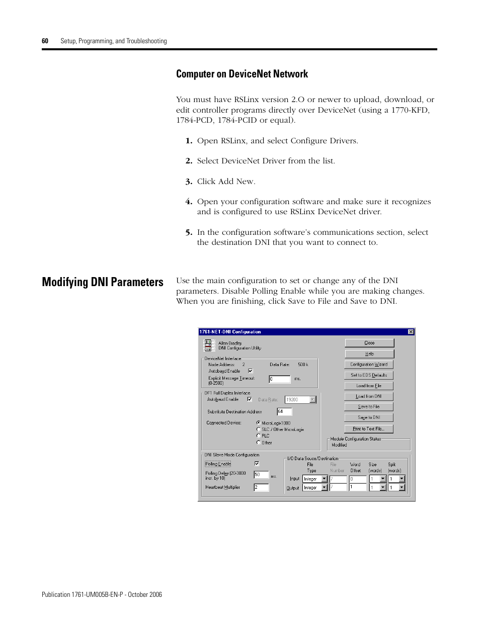 Computer on devicenet network, Modifying dni parameters | Rockwell Automation 1761-NET-DNI DeviceNet Interface (DNI) User Manual | Page 60 / 100