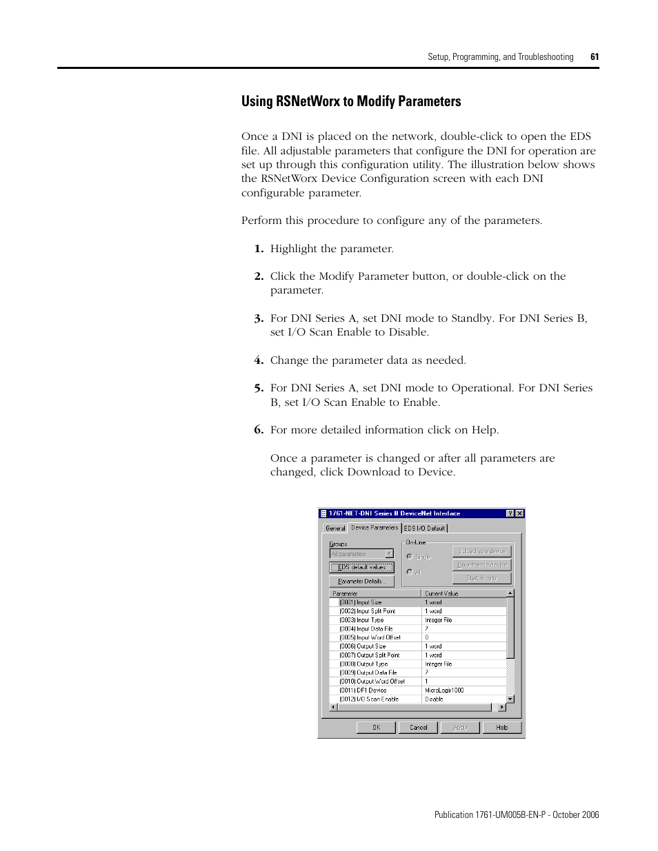 Using rsnetworx to modify parameters | Rockwell Automation 1761-NET-DNI DeviceNet Interface (DNI) User Manual | Page 61 / 100