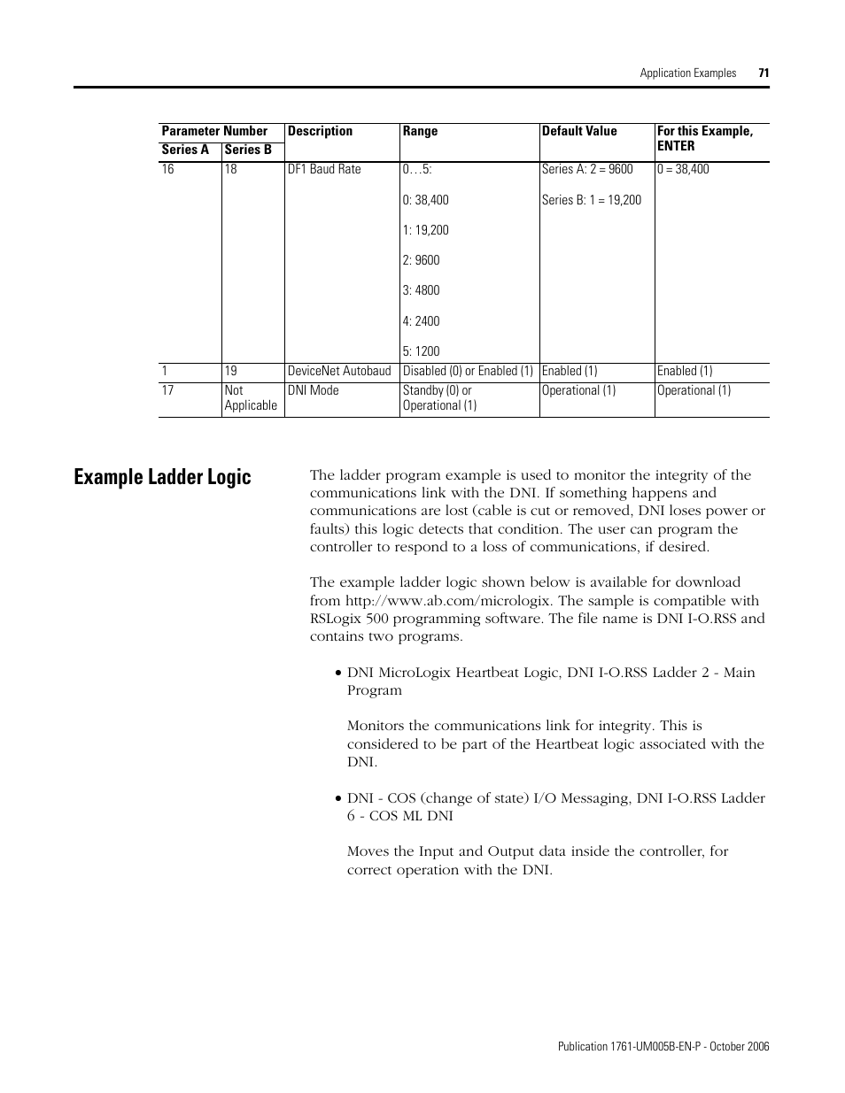 Example ladder logic | Rockwell Automation 1761-NET-DNI DeviceNet Interface (DNI) User Manual | Page 71 / 100