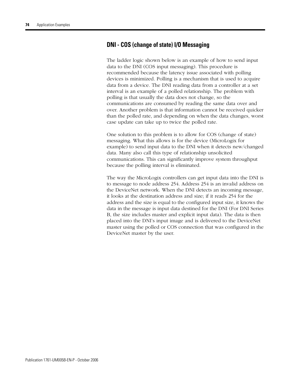 Dni - cos (change of state) i/o messaging | Rockwell Automation 1761-NET-DNI DeviceNet Interface (DNI) User Manual | Page 74 / 100