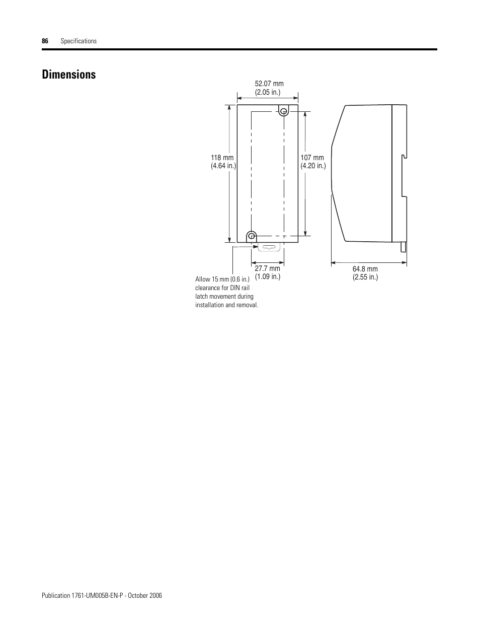 Dimensions | Rockwell Automation 1761-NET-DNI DeviceNet Interface (DNI) User Manual | Page 86 / 100