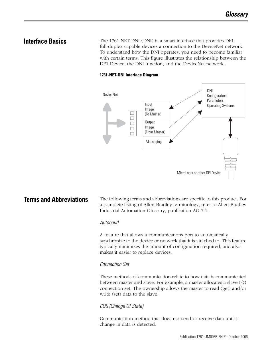 Glossary, Interface basics, Terms and abbreviations | Interface basics terms and abbreviations, Glossary interface basics | Rockwell Automation 1761-NET-DNI DeviceNet Interface (DNI) User Manual | Page 89 / 100